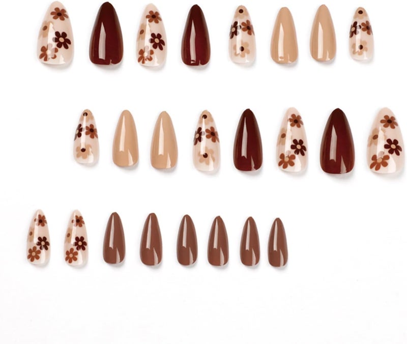 WULIUFLY Global light sturdy raw material 24 Pcs Fall Press on Nails Almond Shape Fake Nails Light Brown Glue on Nails Full Cover crylic Nails Flower Designs Autumn Press on Nails Medium Length Stick on Nails Thanksgiving Day for Women Indoor outdoor all-purpose fit - Image 5
