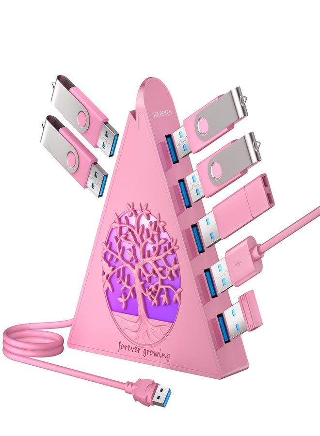 JoyReken 7-Port USB 3.0 Hub, RGB USB Hub with RGB Tree Light and 2ft Cable, USB Hub 3.0 Pink USB Expander for Laptop, PC, Flash Drive, HDD, Console, Printer, Keyboard, Mouse (Pink) - Image 1