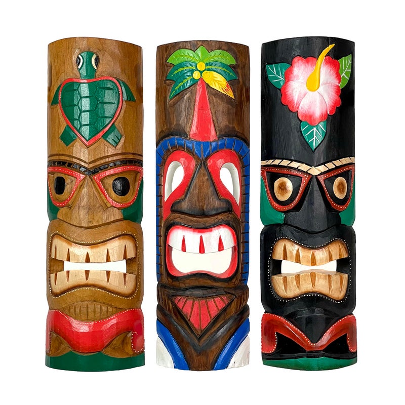 Zeckos Set of 3 HandCarved Polynesian Tiki Masks 20 Inches High Crafted from Indonesian Albesia Wood Ideal Tropical Wall Decor with Exquisite Colorful Finish