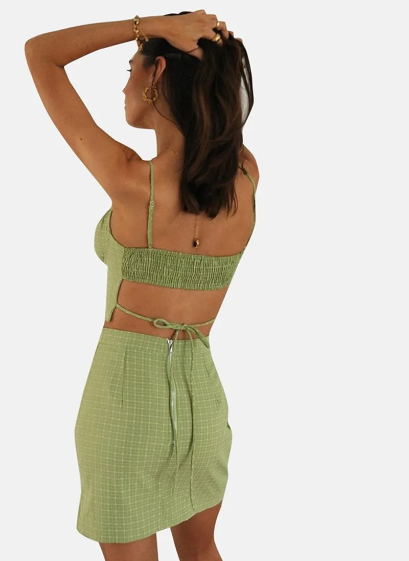 YUNIQEE Avocado Green Checkered Sweetheart Neck Top With Skirt