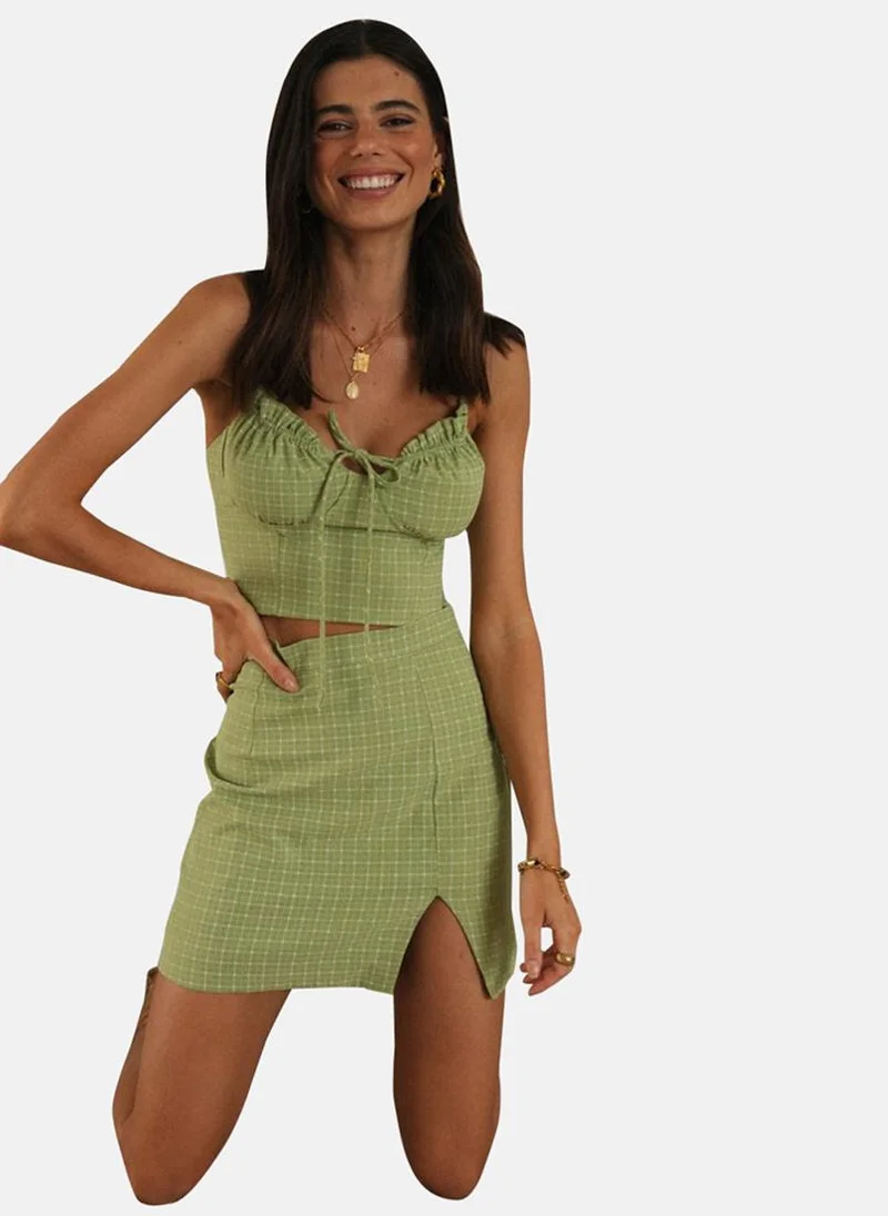 YUNIQEE Avocado Green Checkered Sweetheart Neck Top With Skirt