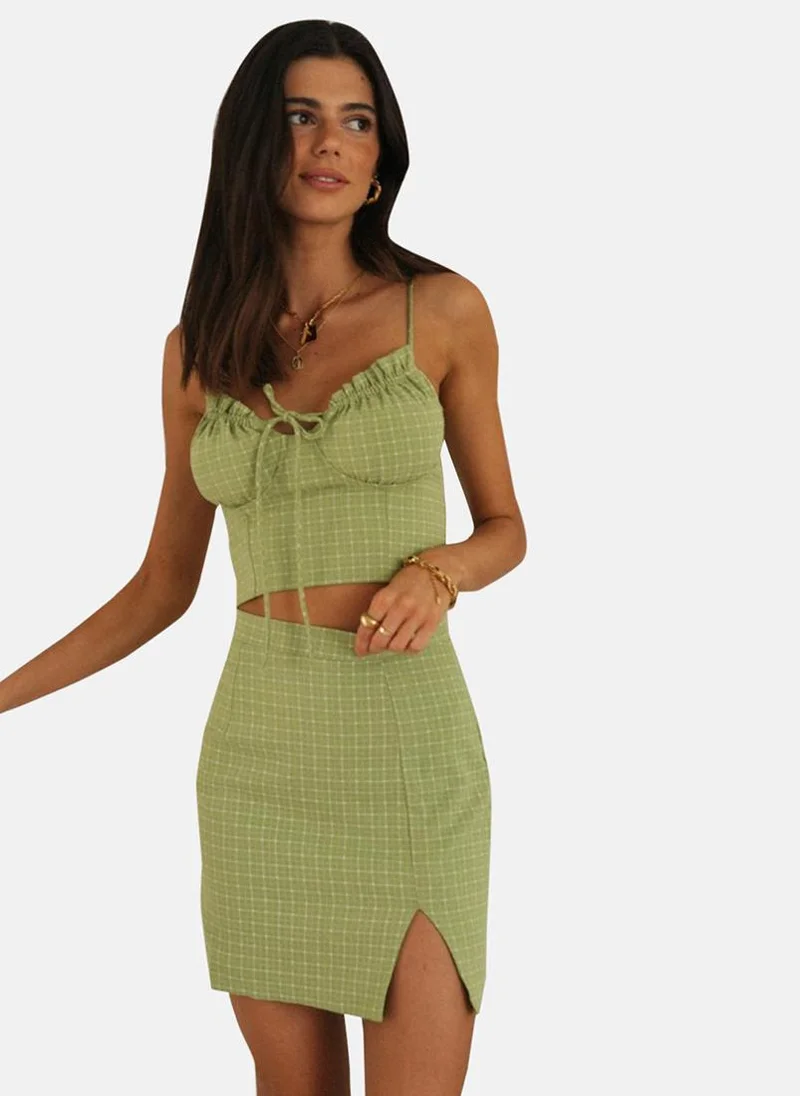 يونيكي Avocado Green Checkered Sweetheart Neck Top With Skirt