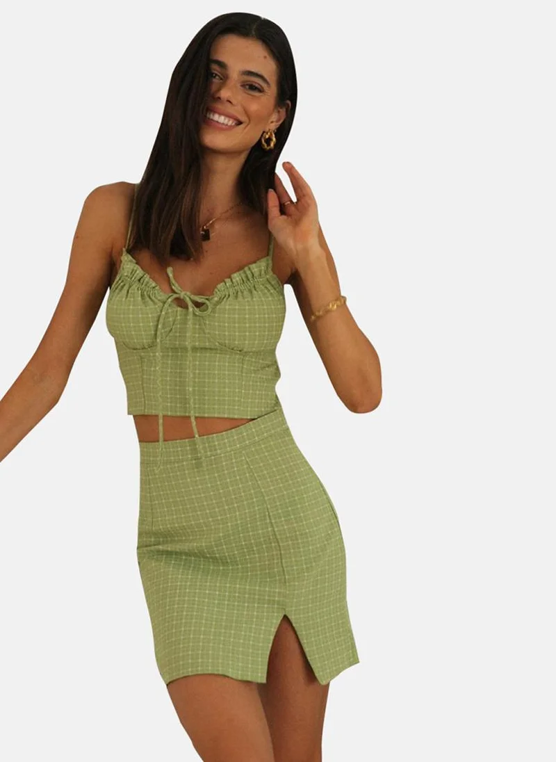 YUNIQEE Avocado Green Checkered Sweetheart Neck Top With Skirt