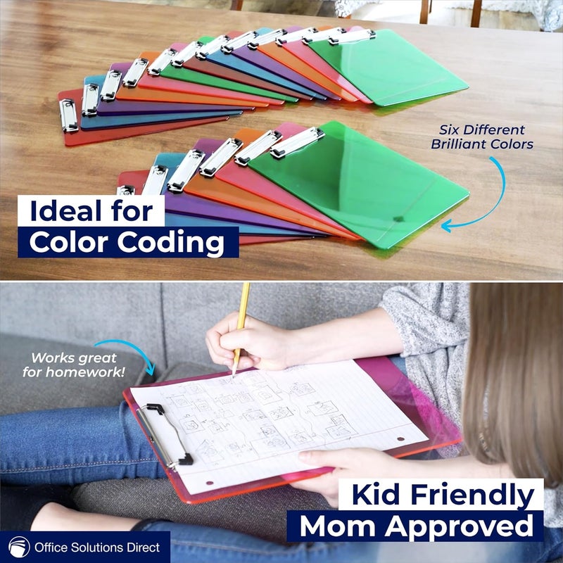 Office Solutions Direct Plastic Clipboards with Low Profile Clip Set of 6-12.5 x 9 Inch Multi Color Plastic Clipboards Bulk - Clear Clip Boards Bulk Classroom Holds 100 Sheets, Acrylic Clipboard Clear 6 Pack - Image 4