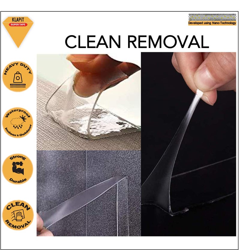 كلابيت شريط سوبر تاب مزدوج الجوانب، شريط تثبيت متين يتحمل وزنًا يصل إلى 41 كجم باستخدام تقنية النانو المُحسّنة. شريط شفاف للجدران، والخشب، والبلاط، والحجر، والزجاج، والمعادن، والأكريليك (عبوة من قطعتين). - Image 2