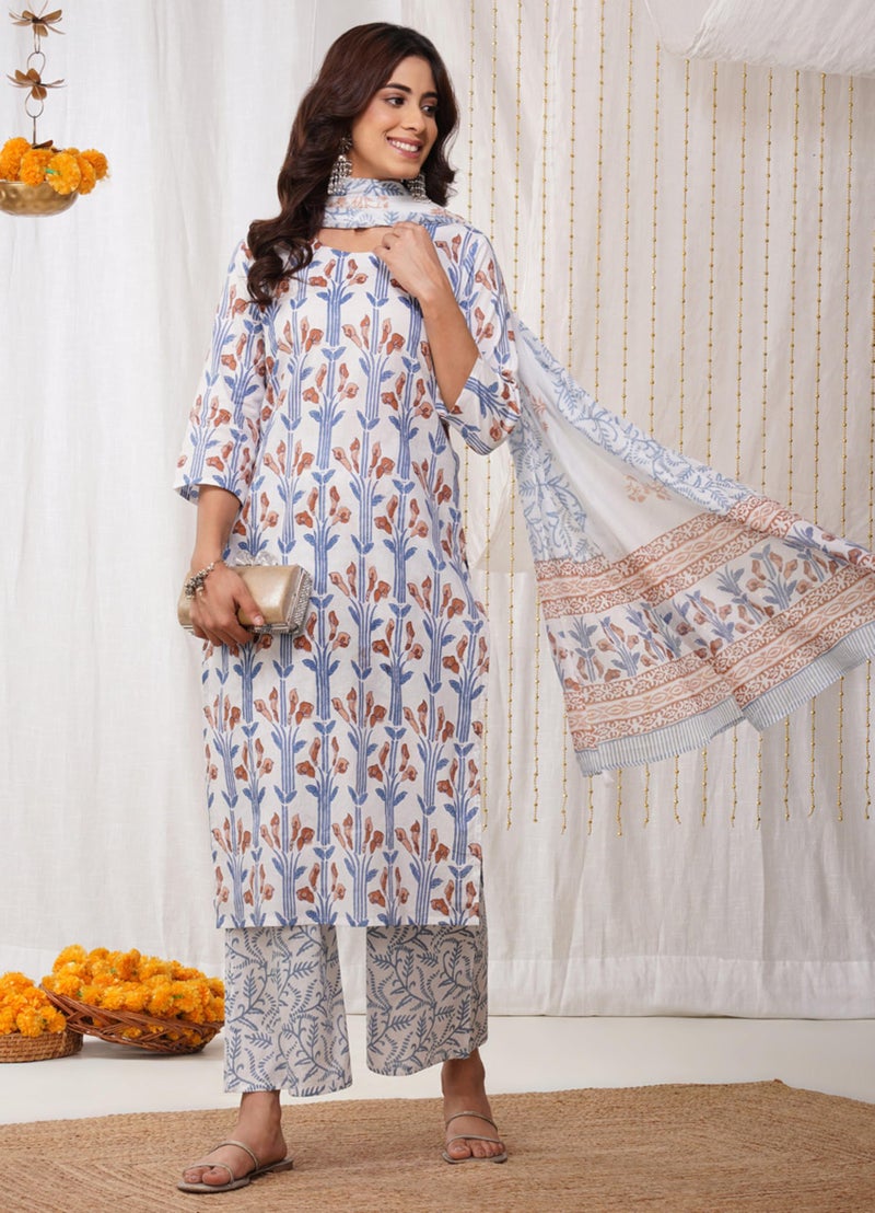 rytras Women's Pure Cotton Printed Straight Kurta Set with Palazzo Pants & Dupatta- Ethnic Wear, White(RYT633,S) - Image 5