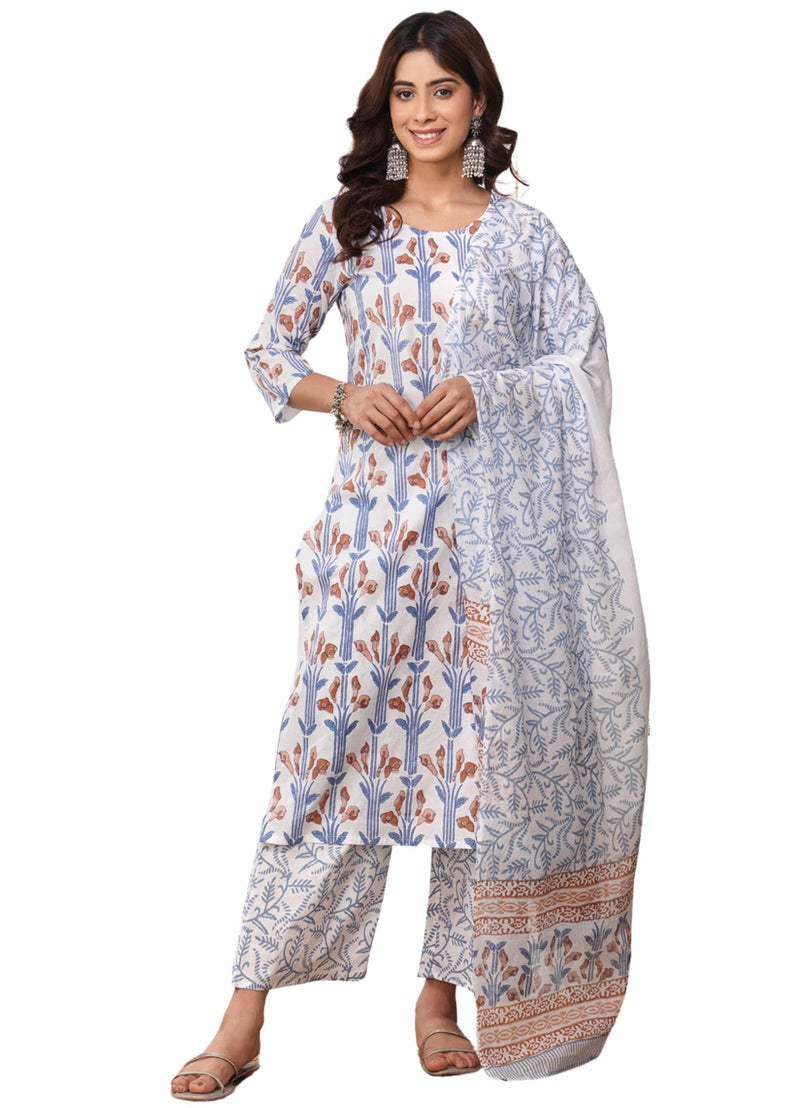rytras Women's Pure Cotton Printed Straight Kurta Set with Palazzo Pants & Dupatta- Ethnic Wear, White(RYT633,S) - Image 1
