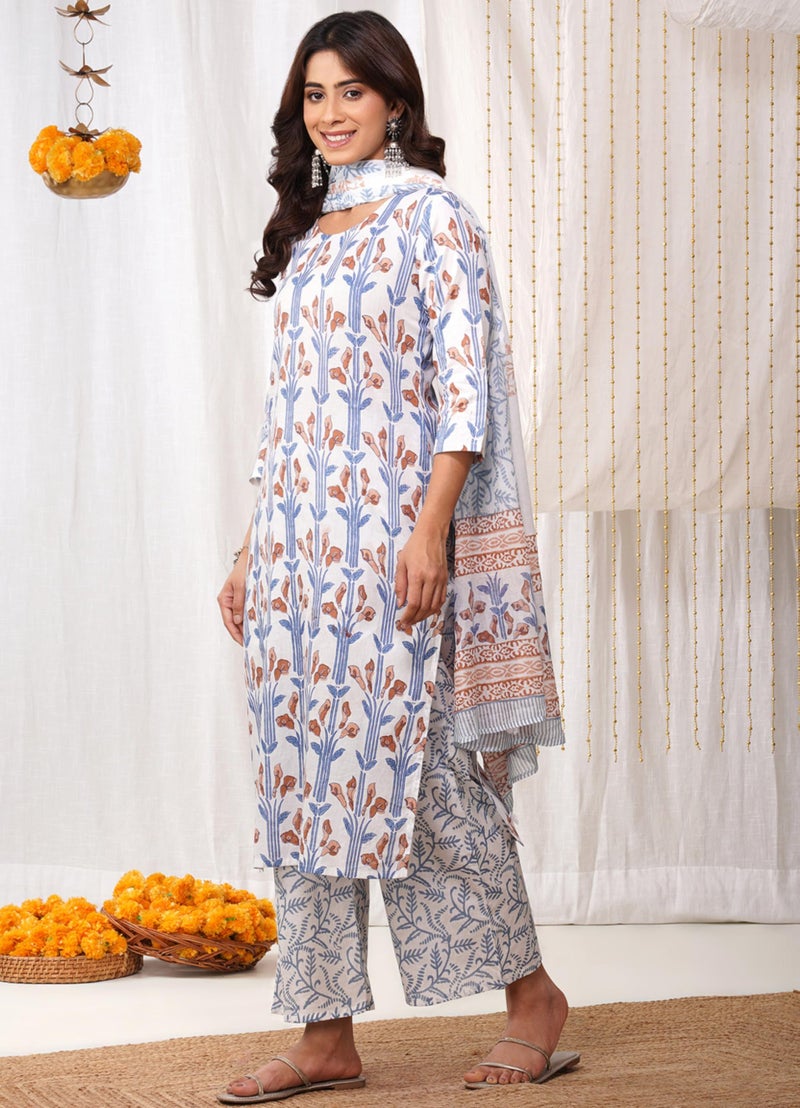 rytras Women's Pure Cotton Printed Straight Kurta Set with Palazzo Pants & Dupatta- Ethnic Wear, White(RYT633,S) - Image 4