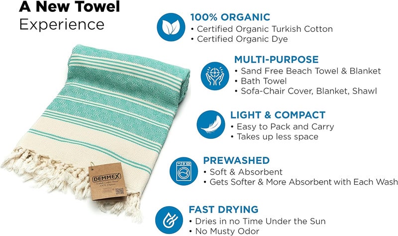 DEMMEX Certified 100% Organic Turkish Cotton Beach and Bath Towel, Peshtemal Towel Blanket, Quick Dry Sand Free, Oversized Light Compact, Diamond Weave, Prewashed, 71x36 Inches, 14 Oz (Nile) - Image 4