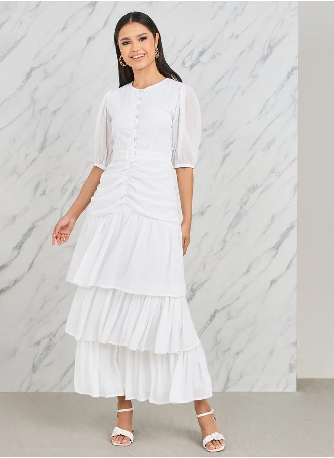 Styli Ruched Detail Buckle Belted Layer Tiered Maxi Dress