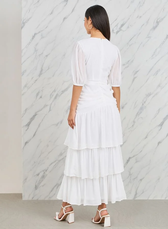 Styli Ruched Detail Buckle Belted Layer Tiered Maxi Dress