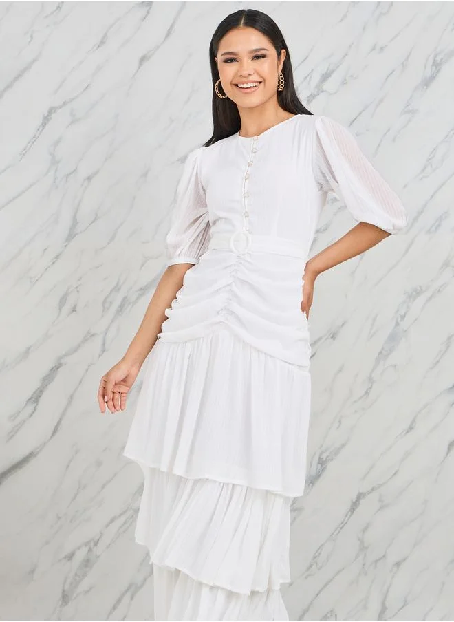 Styli Ruched Detail Buckle Belted Layer Tiered Maxi Dress