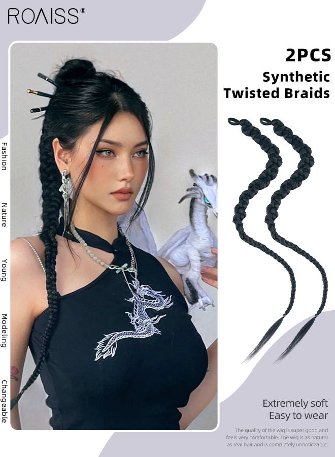 roaiss 2Pcs Ponytail Wig Synthetic for Women Ponytail Elastic Band Braided Twist Braid Hair Extension Wig Twin Tail Braided Hair Extensions Hair Extensions 26 inches (65 cm) - Image 1