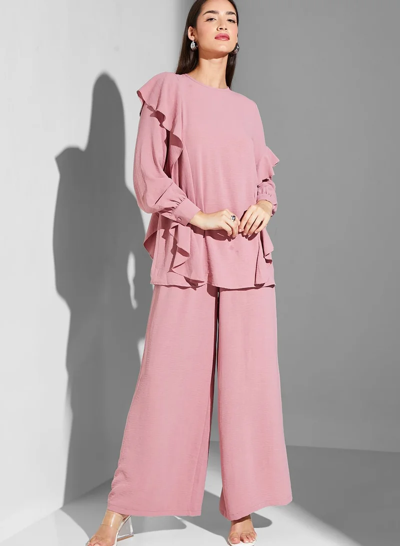 Namshi x Modanisa Waterfall Trim Top & Pants Set