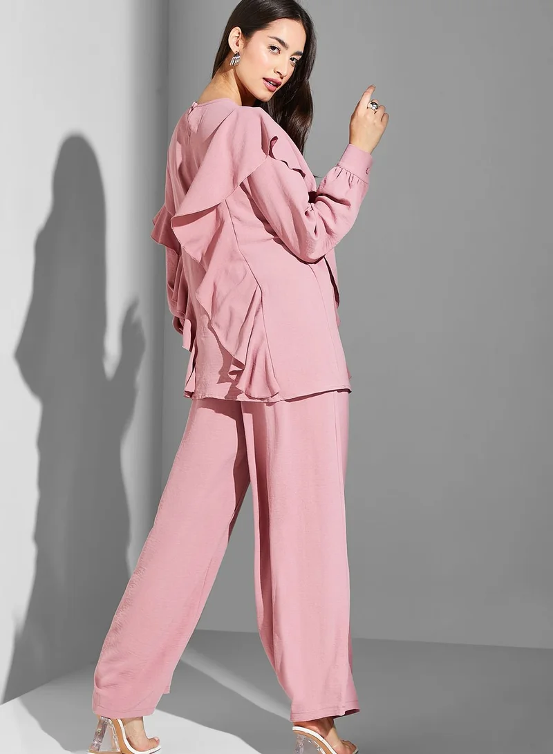 Namshi x Modanisa Waterfall Trim Top & Pants Set