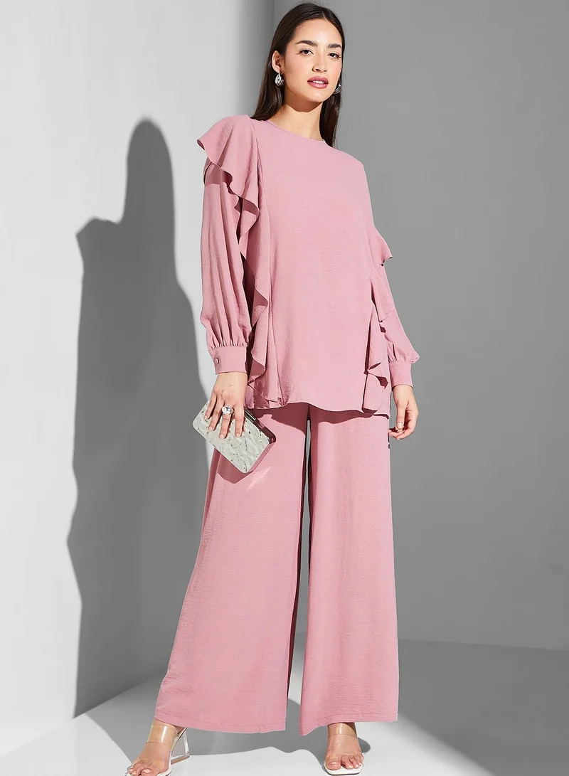 Namshi x Modanisa Waterfall Trim Top & Pants Set