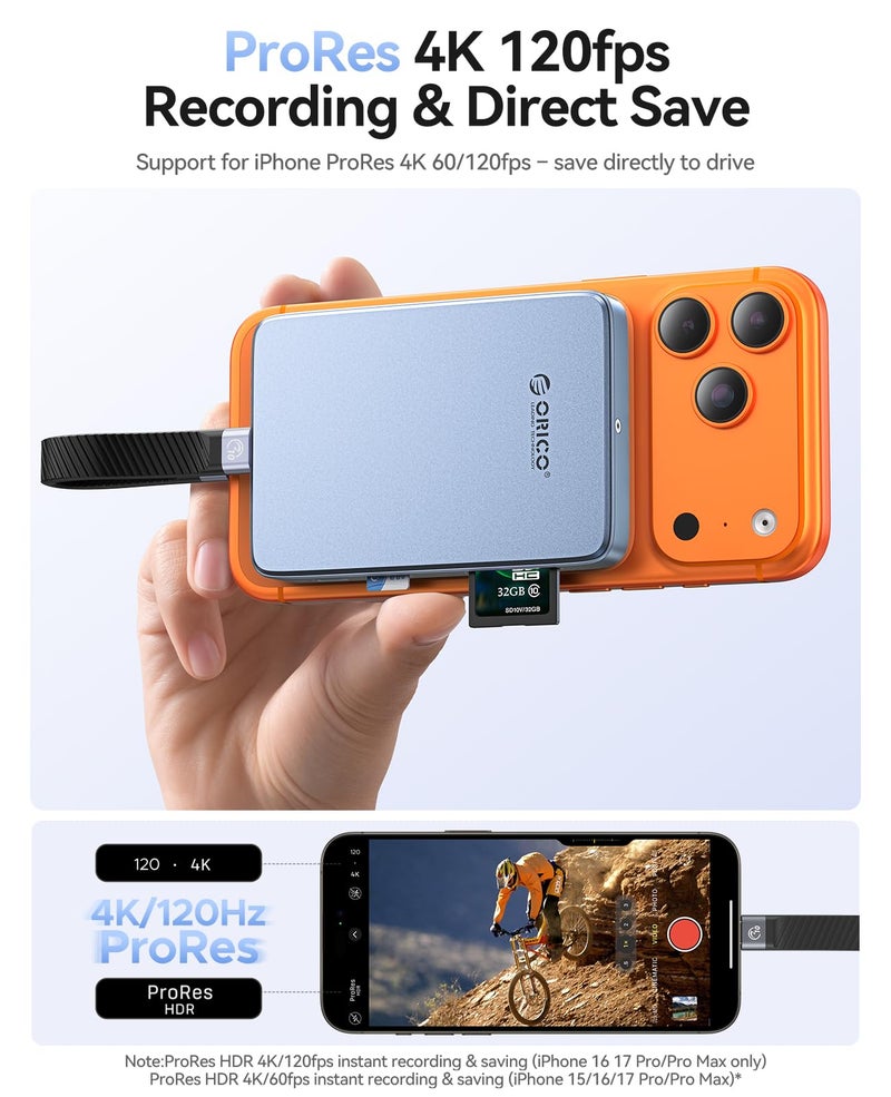 ORICO 10Gbps Magnetic M.2 NVMe SSD Enclosure with USB-C Dock Compatible for Phone 17/16/15 Pro/Max/Plus ProRes Recording TF/SD Card Slot PD 100W for 2230/2242/2260/2280 B+M M-Key Diskless AP80F Blue - Image 4