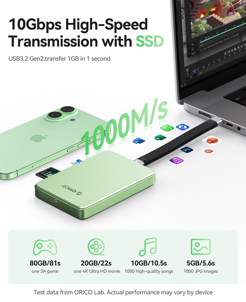 ORICO 10Gbps Magnetic M.2 NVMe SSD Enclosure with USB-C Dock Compatible for Phone 17/16/15 Pro/Max/Plus ProRes Recording TF/SD Card Slot PD 100W for 2230/2242/2260/2280 B+M M-Key Diskless AP80F Blue - Image 3