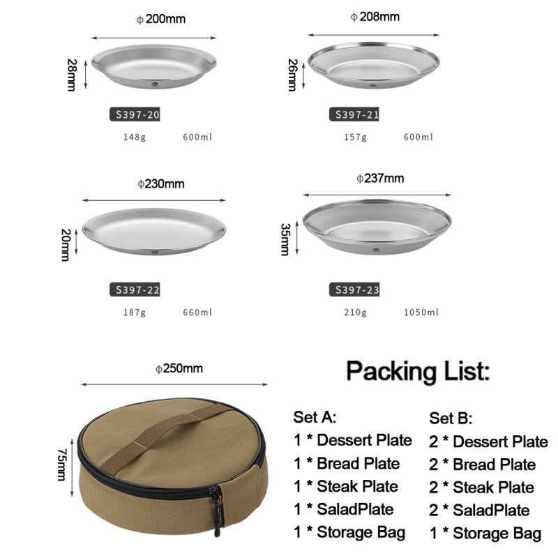 Stainless Steel Plate 1 Set B: Seamless Integrated Molding, Rust-Resistant, Easy To Wash - Stackable Metal Saucer With Canvas Bag for Outdoor Picnic, Camping, Travelers - Image 3