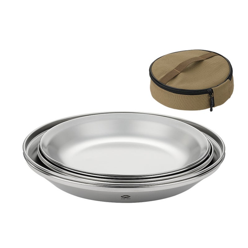 Stainless Steel Plate 1 Set B: Seamless Integrated Molding, Rust-Resistant, Easy To Wash - Stackable Metal Saucer With Canvas Bag for Outdoor Picnic, Camping, Travelers - Image 1