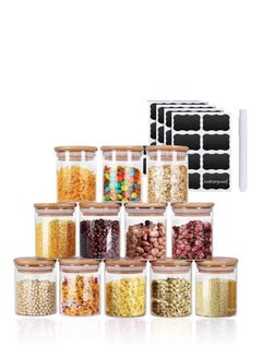MahMir MahMir 12 pcs Set Glass Spice Jars with Bamboo Airtight Lids and Labels  Food Cereal Storage Spice Containers for Home Kitchen Tea Herbs Coffee Flour Herbs Grains Glass Jars Set 300ML  Round  - Image 1