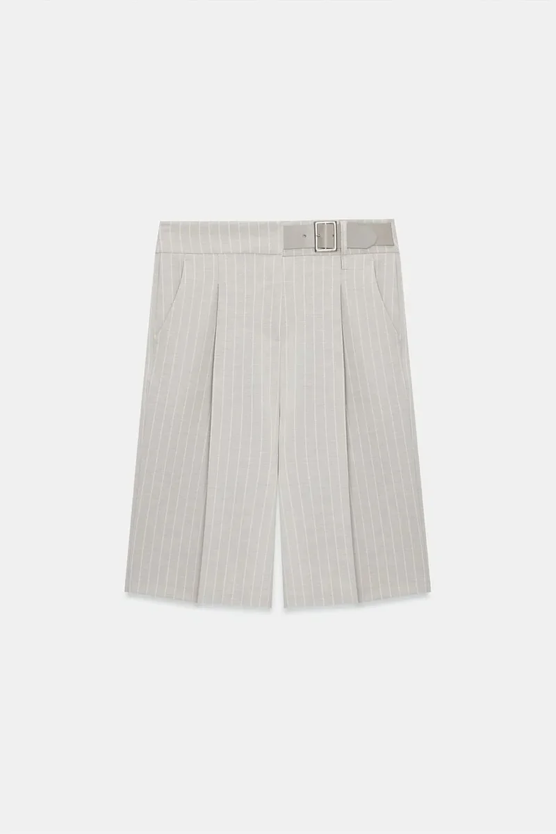 Dilvin Beige Natural DILVIN High-Waist Striped Tailored Shorts With Belt for Women | Best Price UAE