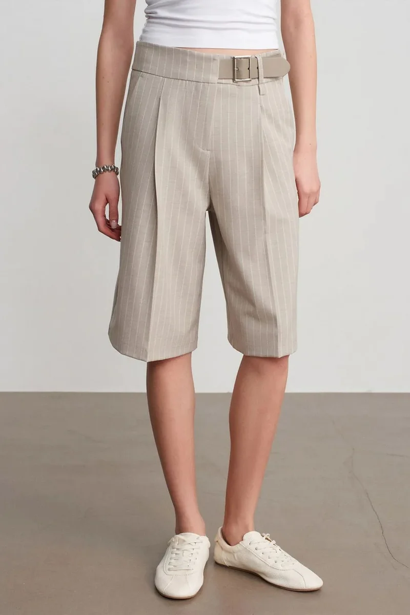 Dilvin Beige Natural DILVIN High-Waist Striped Tailored Shorts With Belt for Women | Best Price UAE