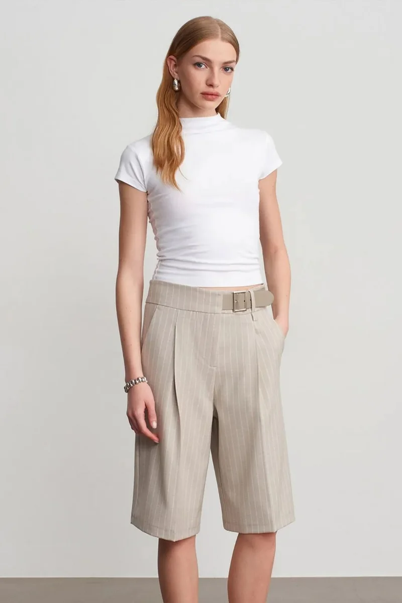 Dilvin Beige Natural DILVIN High-Waist Striped Tailored Shorts With Belt for Women | Best Price UAE