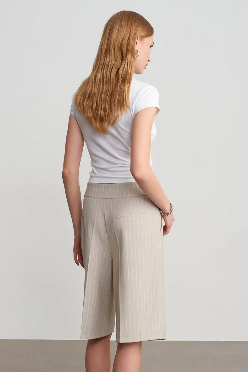 Dilvin Beige Natural DILVIN High-Waist Striped Tailored Shorts With Belt for Women | Best Price UAE