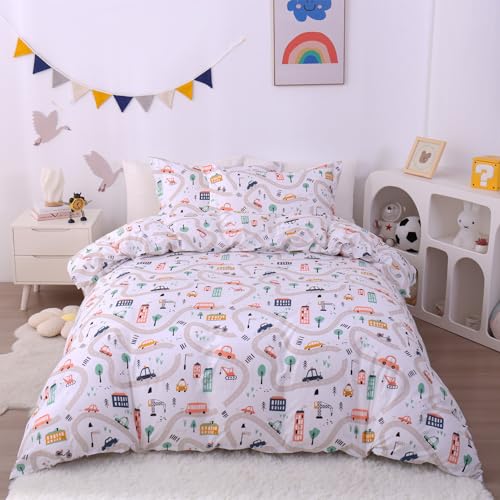 JSD Cars Kids Duvet Cover Set Twin Size 2 Piece Soft Printed Microfiber Comforter Cover with Pillow Sham Zipper Closure Comforter Not Included