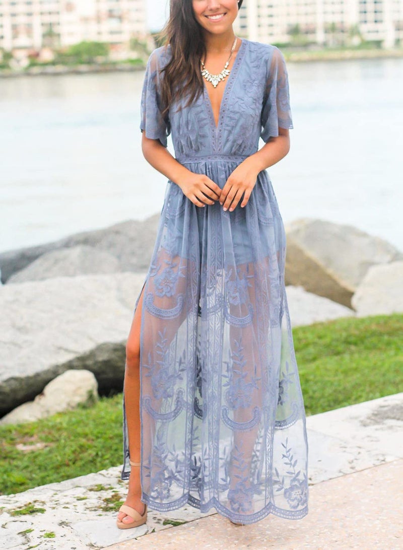Eleter Women's Romper Dress Floral Lace Cocktail Dress V Neck Short Sleeve Flowy Boho Beach Bridesmaids Maxi Dress(XL,Dusty Blue) - Image 2