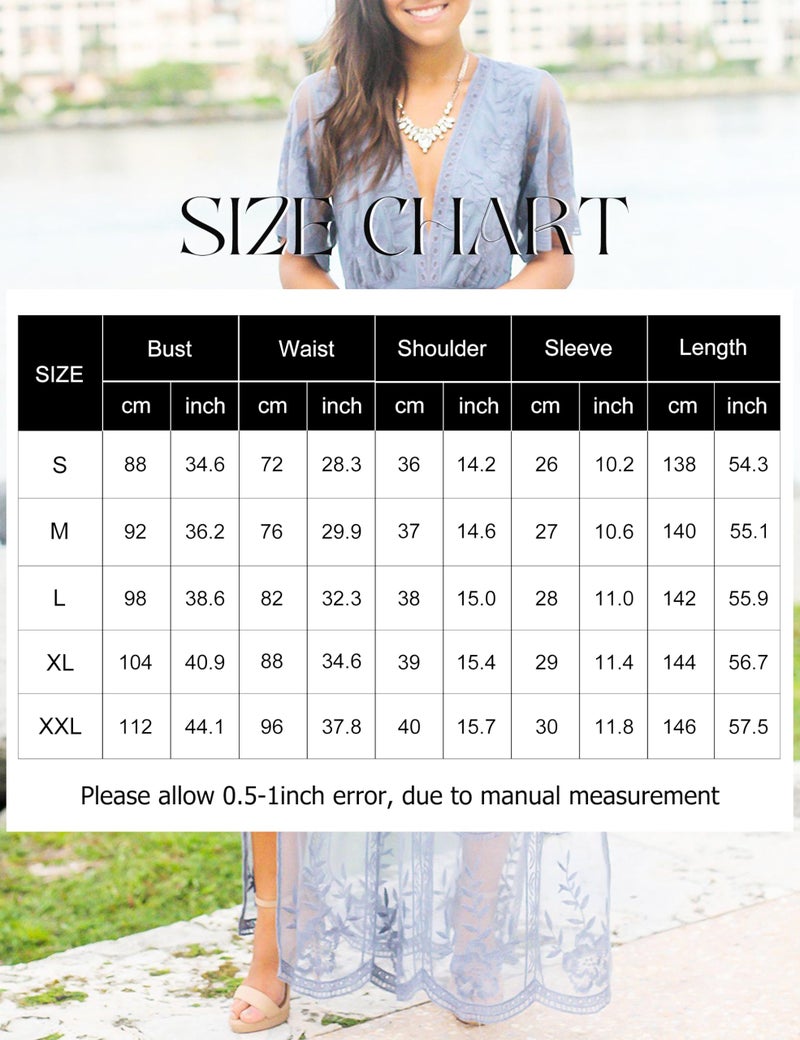 Eleter Women's Romper Dress Floral Lace Cocktail Dress V Neck Short Sleeve Flowy Boho Beach Bridesmaids Maxi Dress(XL,Dusty Blue) - Image 4