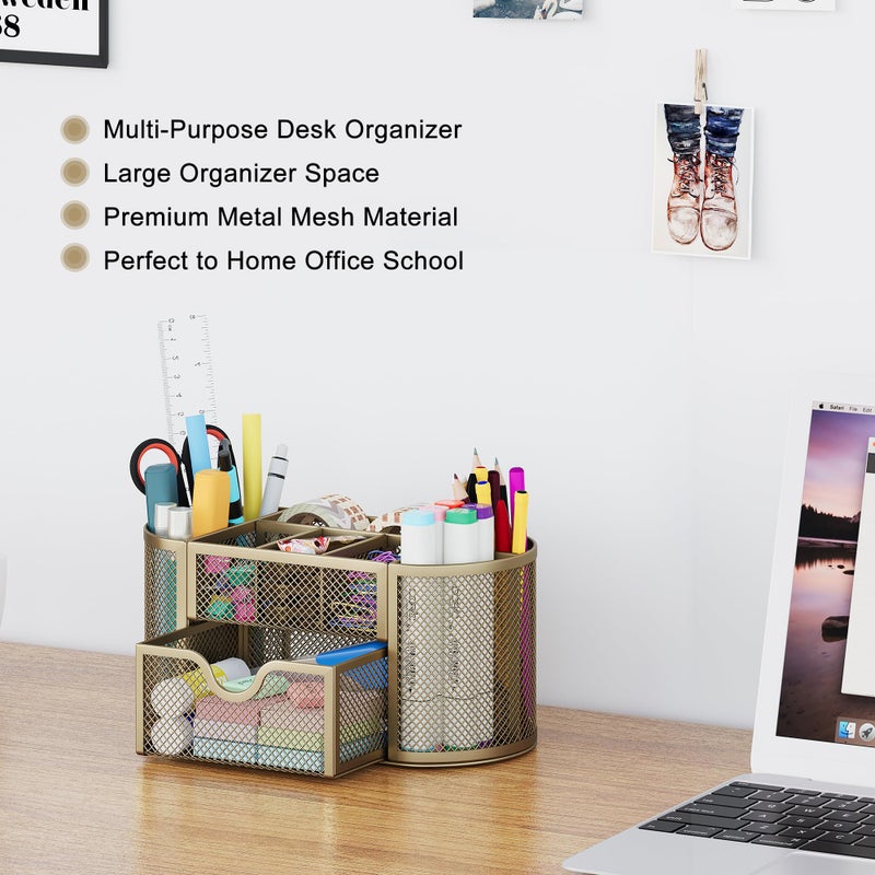 EasyPAG Mesh Pen Holder Desk Organizer with Drawer Stationery Supplies Organizer for Dorm School 9 Compartments Workspace Desk Accessories Organization for Office, Gold - Image 2
