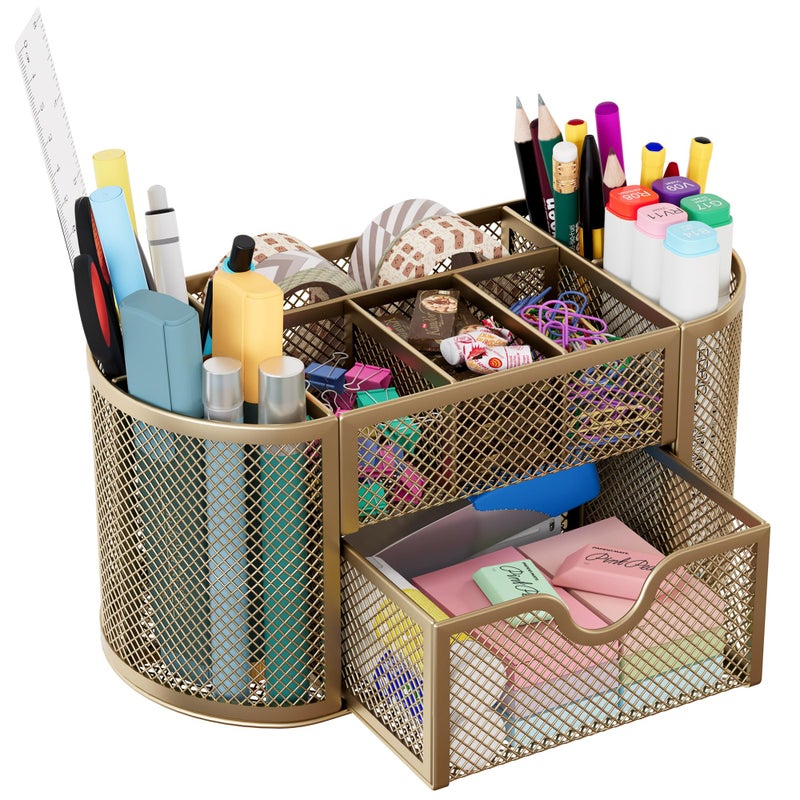 EasyPAG Mesh Pen Holder Desk Organizer with Drawer Stationery Supplies Organizer for Dorm School 9 Compartments Workspace Desk Accessories Organization for Office, Gold - Image 1