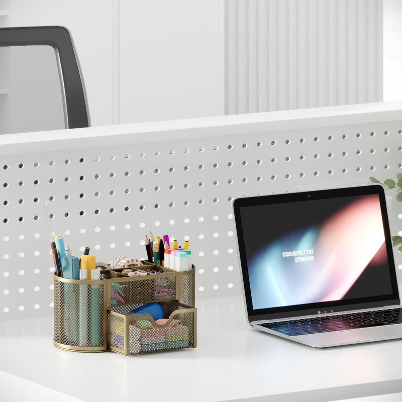 EasyPAG Mesh Pen Holder Desk Organizer with Drawer Stationery Supplies Organizer for Dorm School 9 Compartments Workspace Desk Accessories Organization for Office, Gold - Image 5