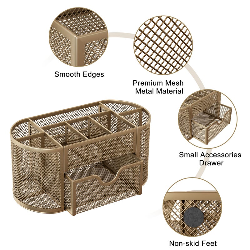 EasyPAG Mesh Pen Holder Desk Organizer with Drawer Stationery Supplies Organizer for Dorm School 9 Compartments Workspace Desk Accessories Organization for Office, Gold - Image 3