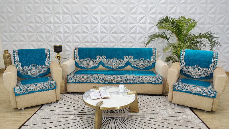 KREEVA Ultrasonic Cut Velvet Chenille Sofa Cover | for 5 Seater (3+1+1) Sofa | (Aqua, 6 Piece Set) | Sofa Slipcovers - Image 1