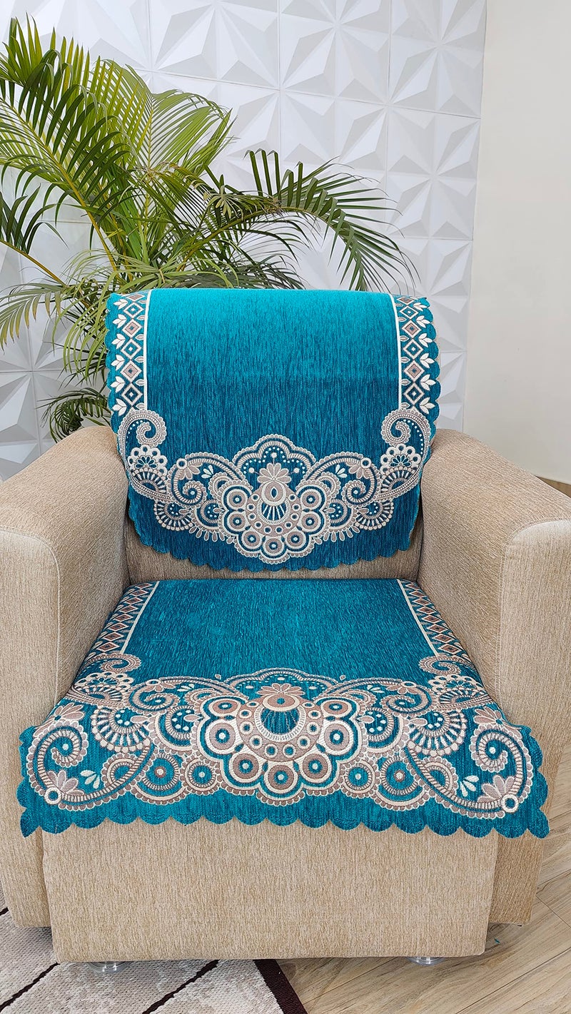 KREEVA Ultrasonic Cut Velvet Chenille Sofa Cover | for 5 Seater (3+1+1) Sofa | (Aqua, 6 Piece Set) | Sofa Slipcovers - Image 2