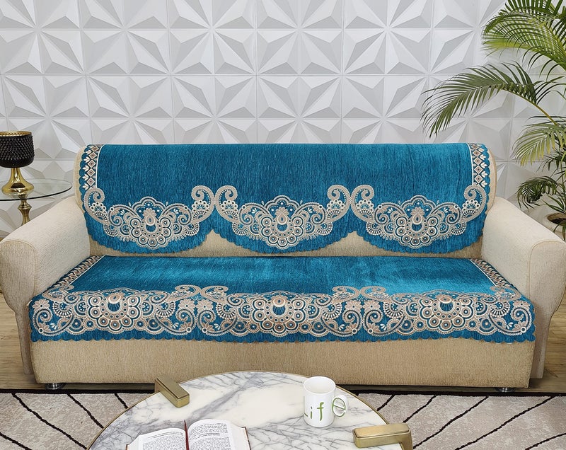 KREEVA Ultrasonic Cut Velvet Chenille Sofa Cover | for 5 Seater (3+1+1) Sofa | (Aqua, 6 Piece Set) | Sofa Slipcovers - Image 5