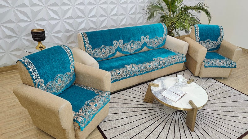 KREEVA Ultrasonic Cut Velvet Chenille Sofa Cover | for 5 Seater (3+1+1) Sofa | (Aqua, 6 Piece Set) | Sofa Slipcovers - Image 4