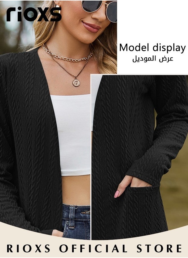 RIOXS - Fashionable Mid-long Cardigans for Women, Trendy Long Sleeve Cardigan, Classic Elegant Open Front Sweater Coat with 2 Pockets, No Zipper or Buttons, Comfortable to Wear, Suitable for Wearing When Going Out - Image 1