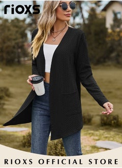 RIOXS Fashionable Mid-long Cardigans for Women, Trendy Long Sleeve Cardigan, Classic Elegant Open Front Sweater Coat with 2 Pockets, No Zipper or Buttons, Comfortable to Wear, Suitable for Wearing When Going Out  - Image 5
