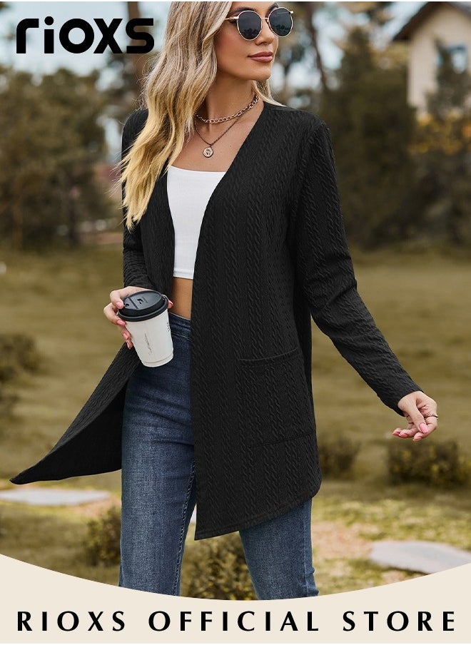 RIOXS - Fashionable Mid-long Cardigans for Women, Trendy Long Sleeve Cardigan, Classic Elegant Open Front Sweater Coat with 2 Pockets, No Zipper or Buttons, Comfortable to Wear, Suitable for Wearing When Going Out - Image 1