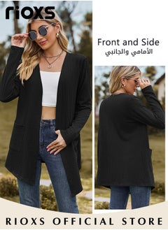 RIOXS Fashionable Mid-long Cardigans for Women, Trendy Long Sleeve Cardigan, Classic Elegant Open Front Sweater Coat with 2 Pockets, No Zipper or Buttons, Comfortable to Wear, Suitable for Wearing When Going Out  - Image 2
