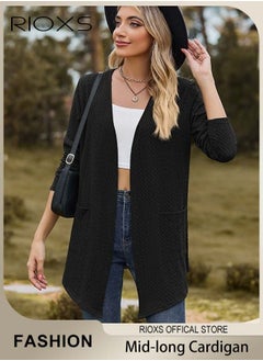 RIOXS Fashionable Mid-long Cardigans for Women, Trendy Long Sleeve Cardigan, Classic Elegant Open Front Sweater Coat with 2 Pockets, No Zipper or Buttons, Comfortable to Wear, Suitable for Wearing When Going Out  - Image 1