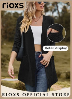 RIOXS Fashionable Mid-long Cardigans for Women, Trendy Long Sleeve Cardigan, Classic Elegant Open Front Sweater Coat with 2 Pockets, No Zipper or Buttons, Comfortable to Wear, Suitable for Wearing When Going Out  - Image 3