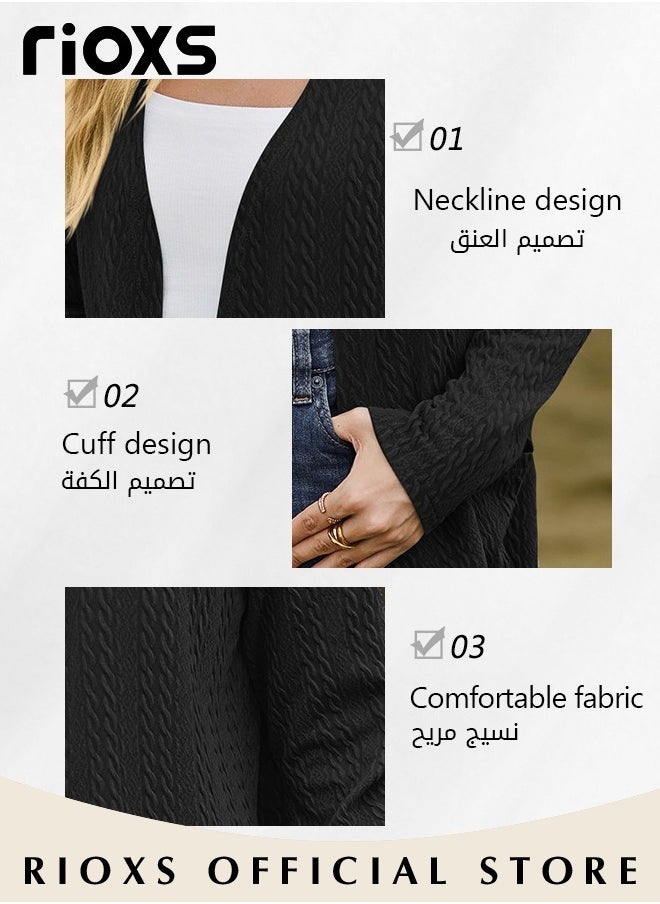 RIOXS - Fashionable Mid-long Cardigans for Women, Trendy Long Sleeve Cardigan, Classic Elegant Open Front Sweater Coat with 2 Pockets, No Zipper or Buttons, Comfortable to Wear, Suitable for Wearing When Going Out - Image 1