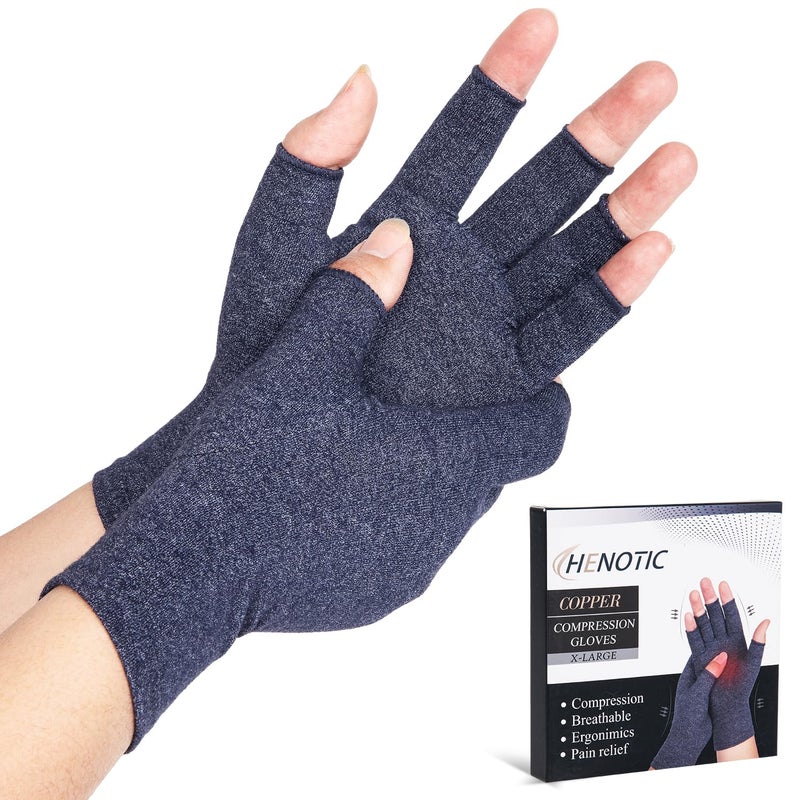 HENOTIC Arthritis Compression Gloves for Women Men Fingerless Breathable Moisture Wicking Compression Gloves for Relieving Carpal Tunnel Aches Rheumatoid Pains Joint Swell Navy XL