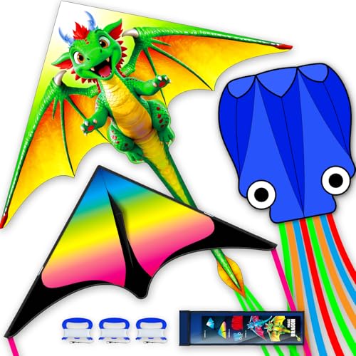 SGftre 3 Piece Set Butterfly Delta Octopus Kites for Kids and AdultsEasy to Fly for Outdoor Adults Children Line Kite for Kids Toy Green Dragon DeltaOctopus Blue 3 - Image 1