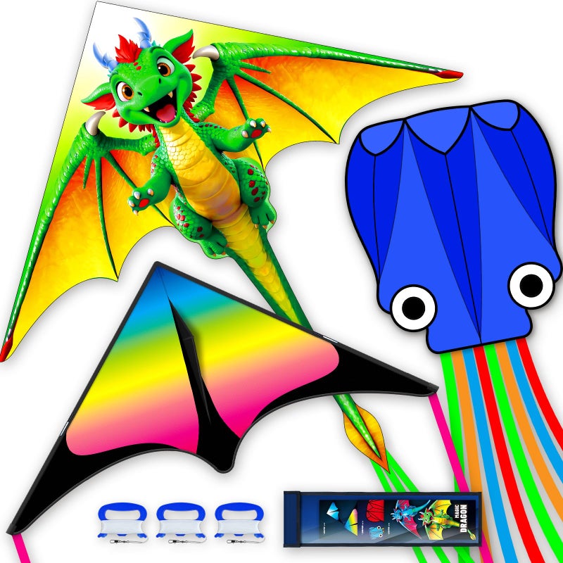 SGftre 3 Piece Set Butterfly Delta Octopus Kites for Kids and AdultsEasy to Fly for Outdoor Adults Children Line Kite for Kids Toy Green Dragon DeltaOctopus Blue 3 - Image 2
